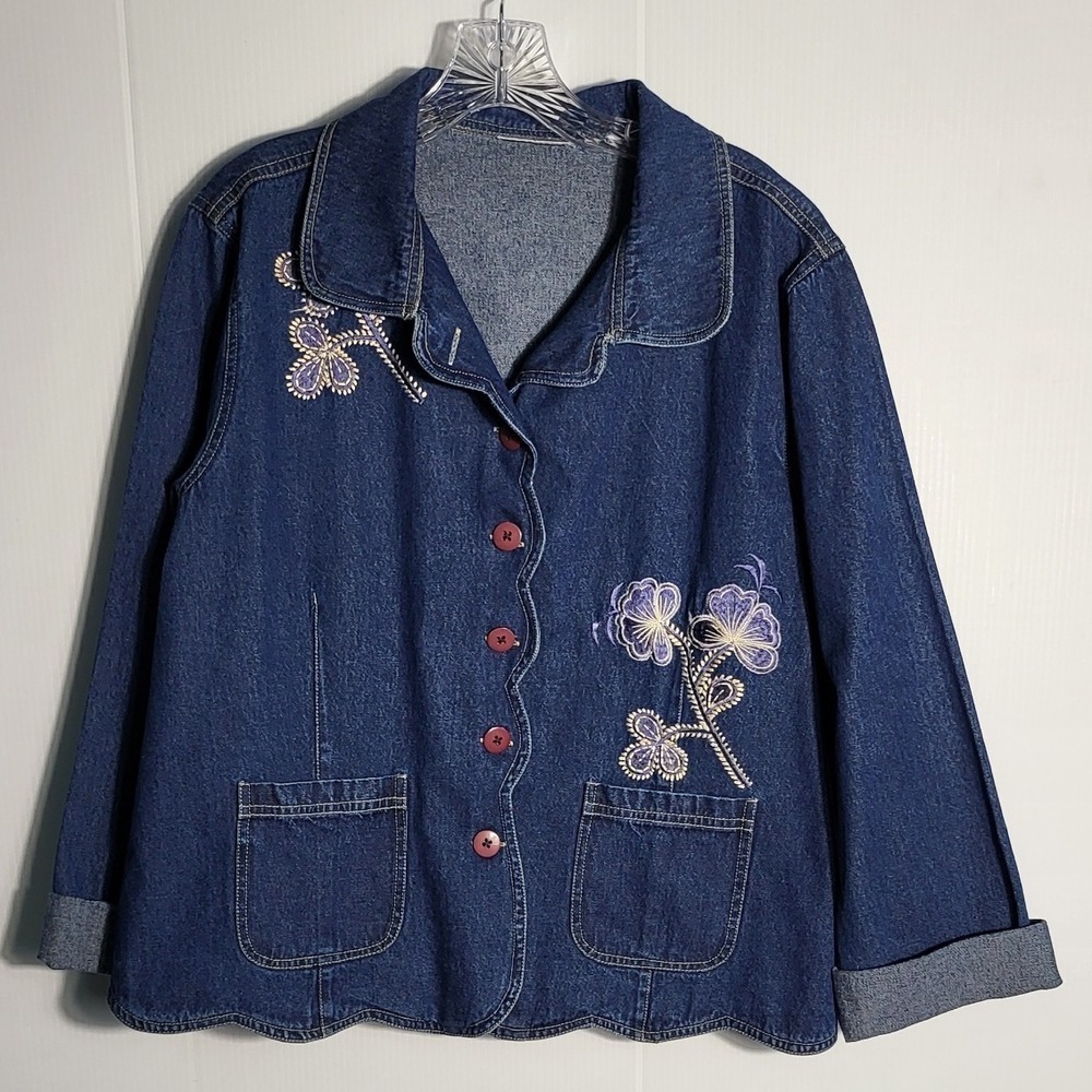 Womens Embroidered Denim Jean Shirt Cuffed Hem Midi Length Casual Everyday
